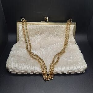 Vintage Hand Beaded Evening Bag Clutch Ivory White Glass Seed Beads Honk Kong